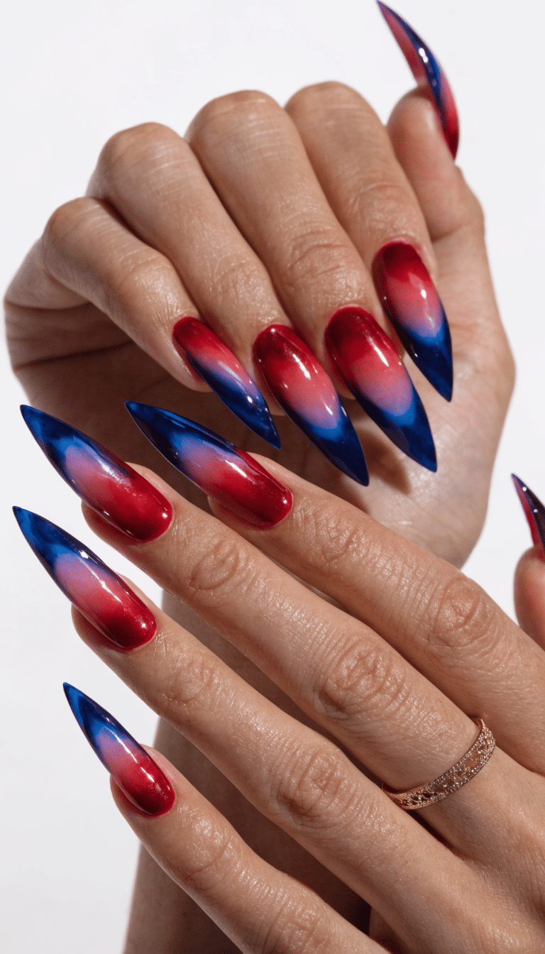 20 Stunning Red, White, and Blue Nail Art Designs for Patriotic Celebrations 15 Stylish ombre nails with red and blue gradient.