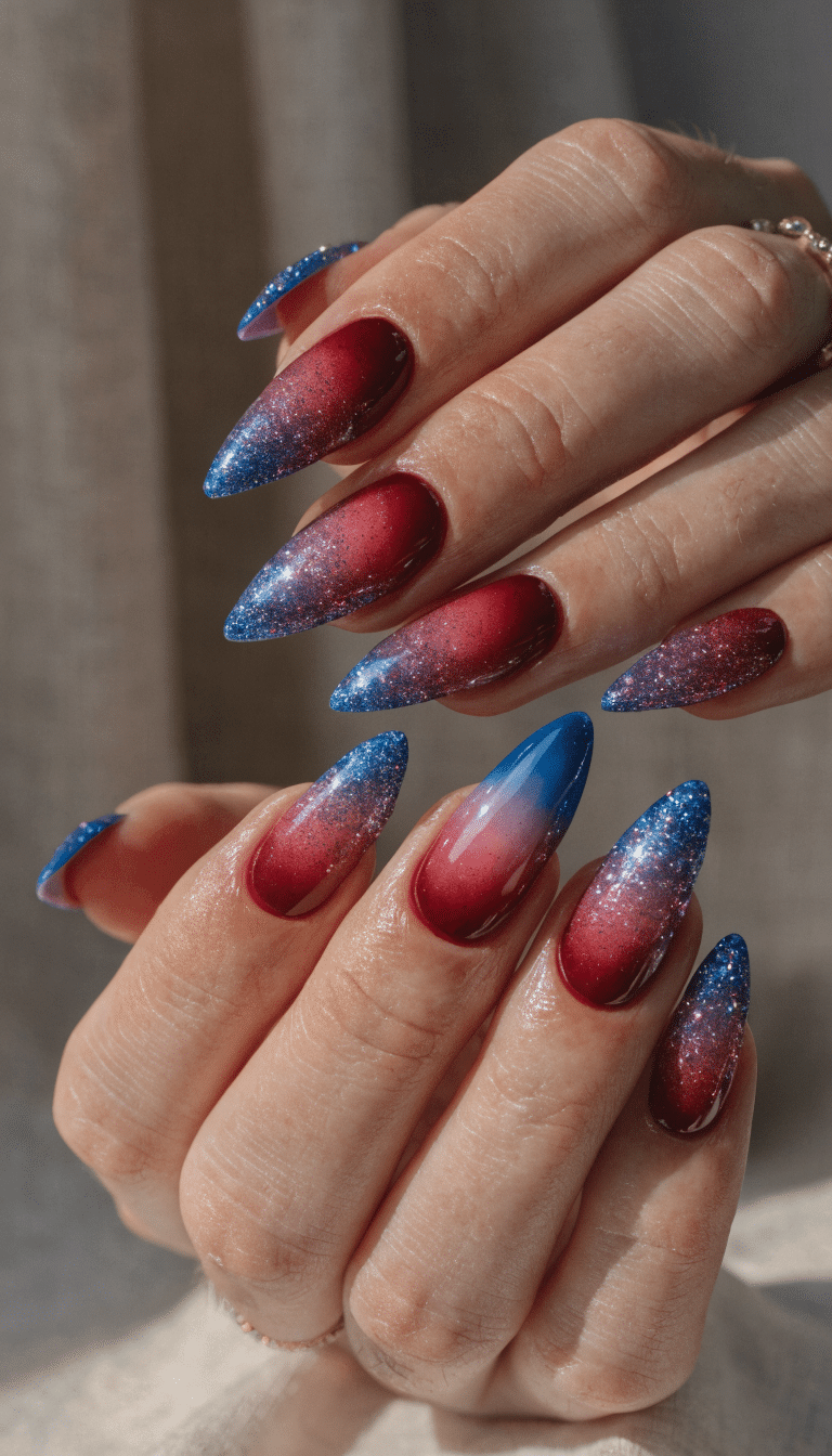 20 Stunning Red, White, and Blue Nail Art Designs for Patriotic Celebrations 5 Nails featuring an ombre effect with red and blue shades, topped with glitter.