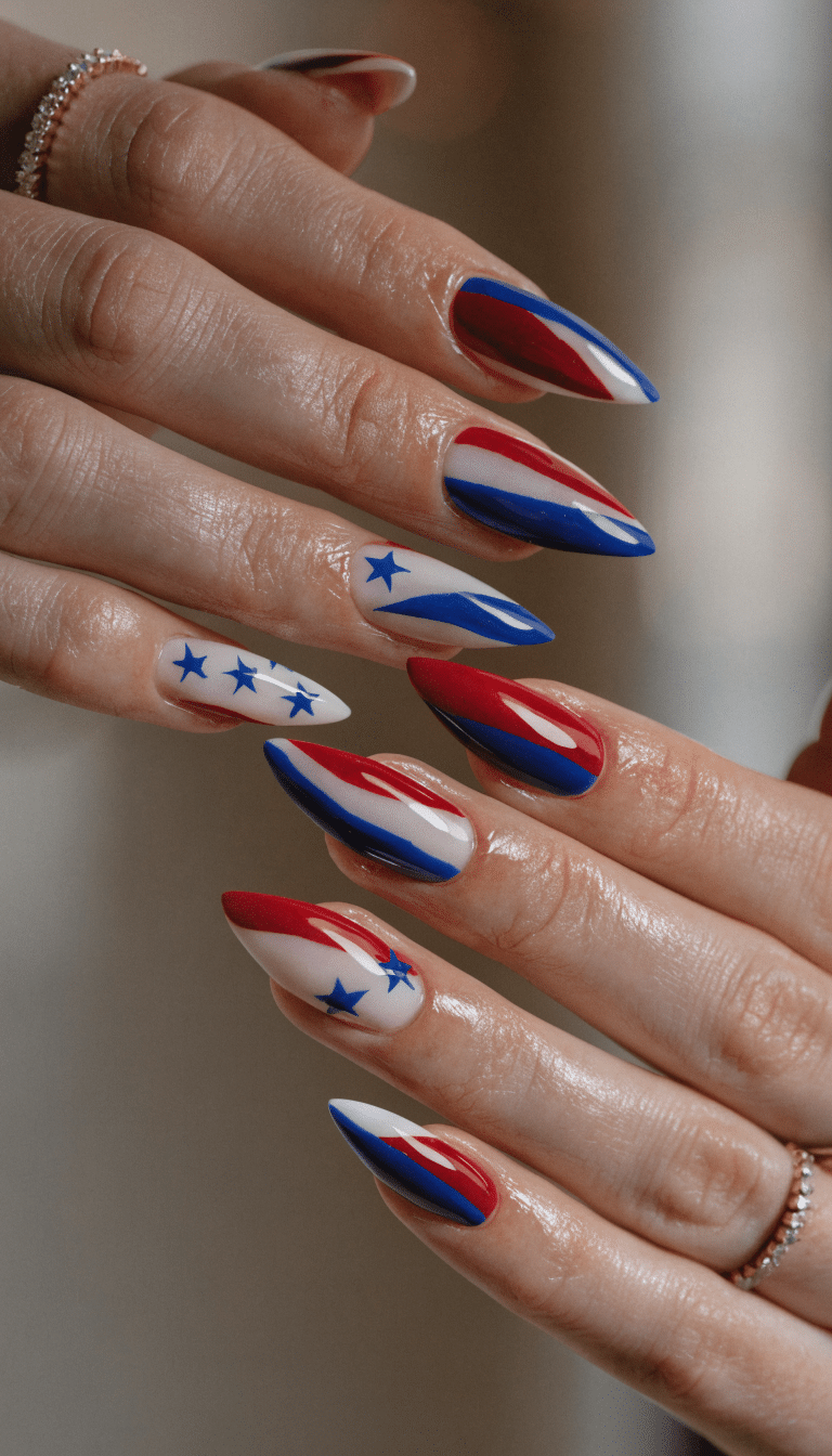 A close-up of hands displaying red, white, and blue nails in a stars and stripes design for 4th of July.