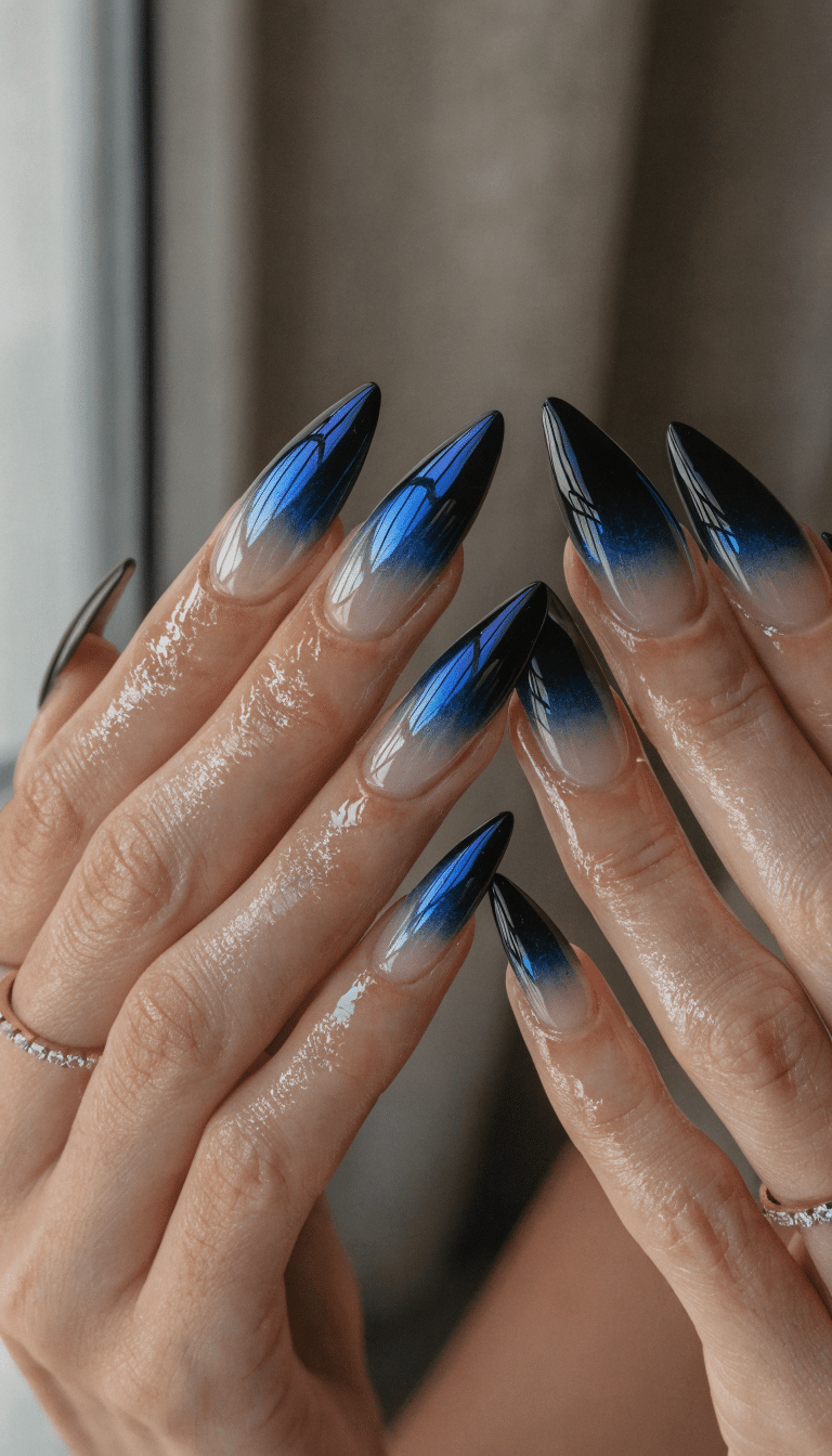17 Stunning Nail Ideas to Try This Season 10 Nails featuring a blue and black gradient design