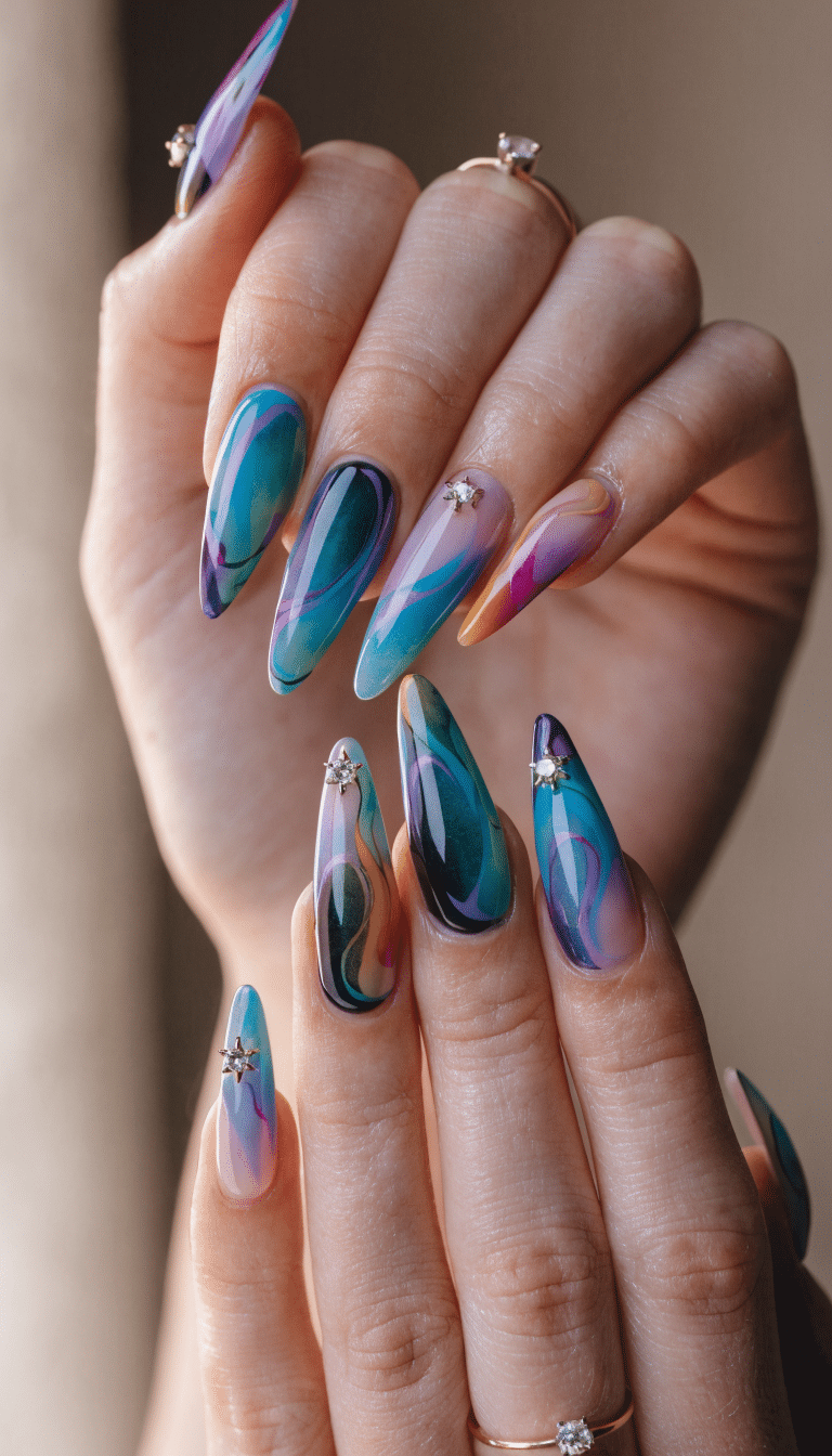 Image of beautifully designed gradient nails with colorful swirls and star embellishments, perfect for a 4th of July celebration.
