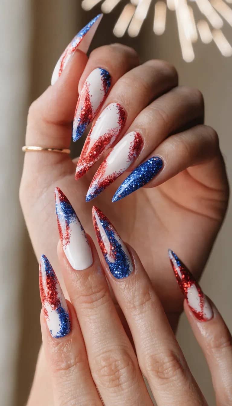 20 Stunning Red, White, and Blue Nail Art Designs for Patriotic Celebrations 12 Festively decorated nails in red, white, and blue with glitter