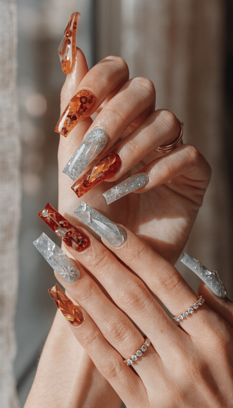 17 Stunning Nail Ideas to Try This Season 7 Close-up of hands showing beautiful nail designs in warm colors and sparkling silver accents.