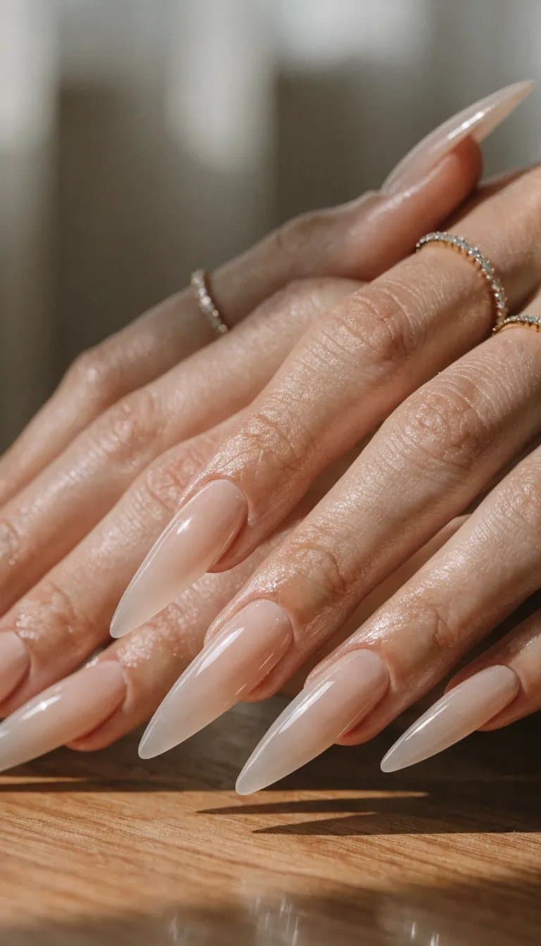 12 Simple Nail Designs You Can Do at Home 2 Close-up of hands with nude matte finish nails.