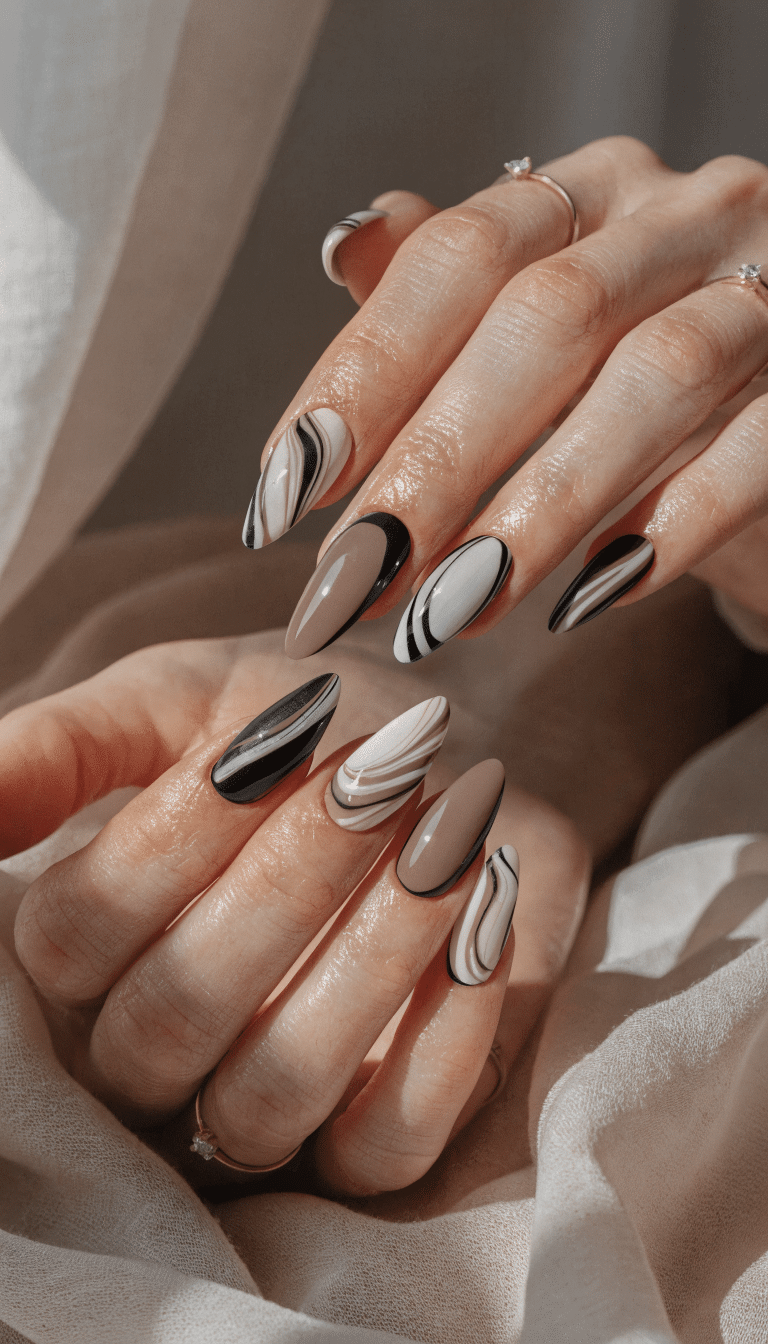 17 Stunning Nail Ideas to Try This Season 2 Close-up image of hands with matte finish nails featuring a mix of neutral tones and black accents.
