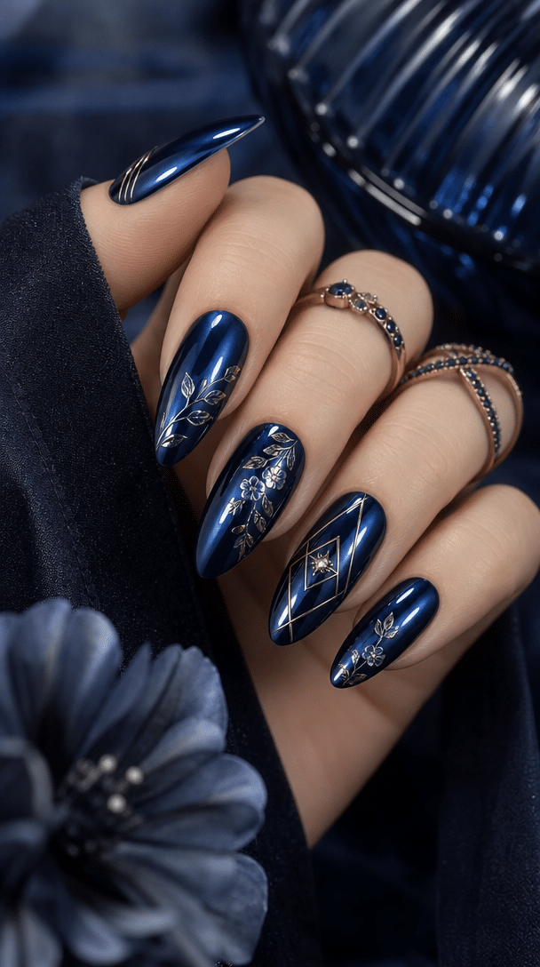 Navy blue chrome almond nails with intricate golden details and floral patterns.