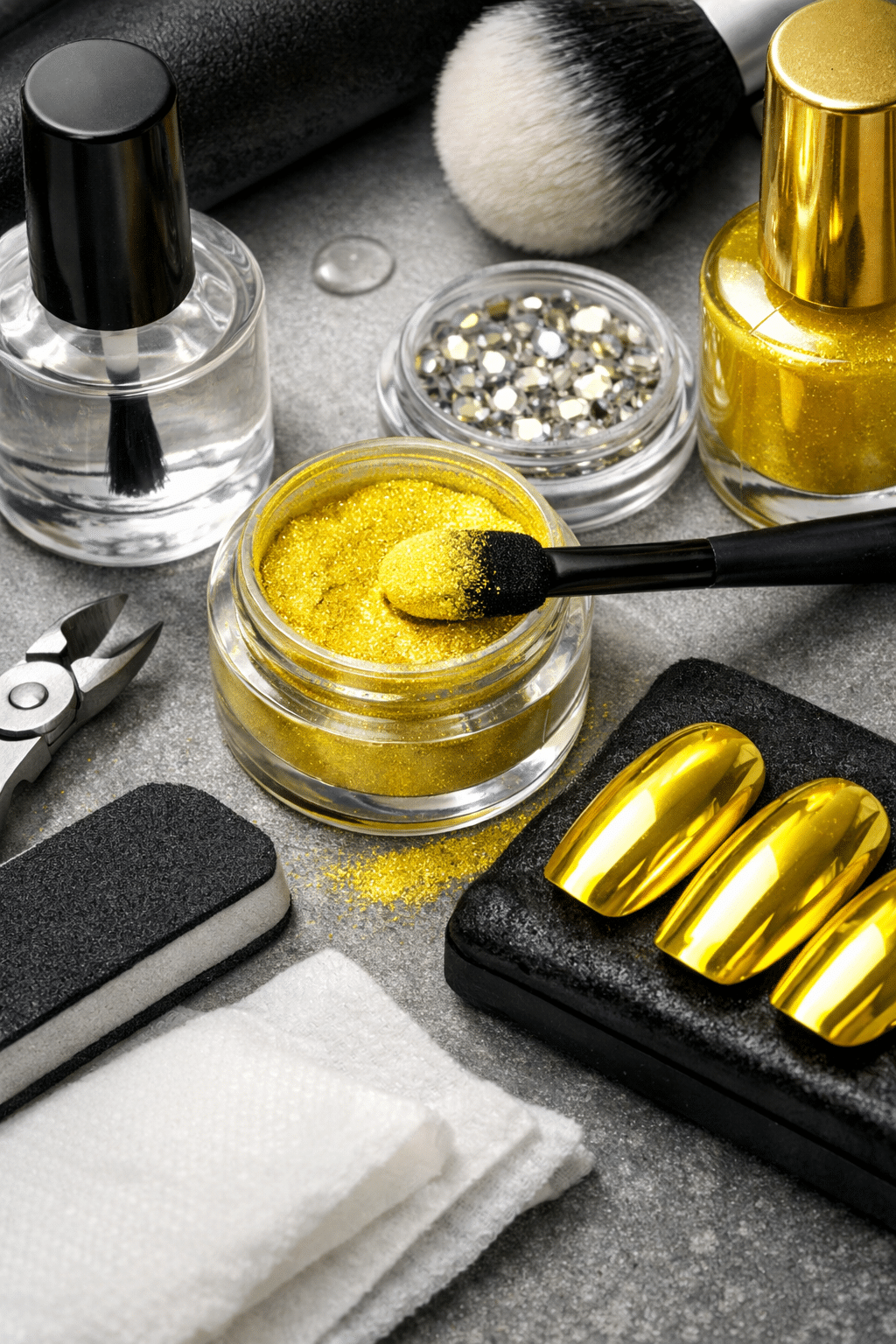 A collection of nail care products including yellow chrome nails, glitter, and tools on a gray surface.