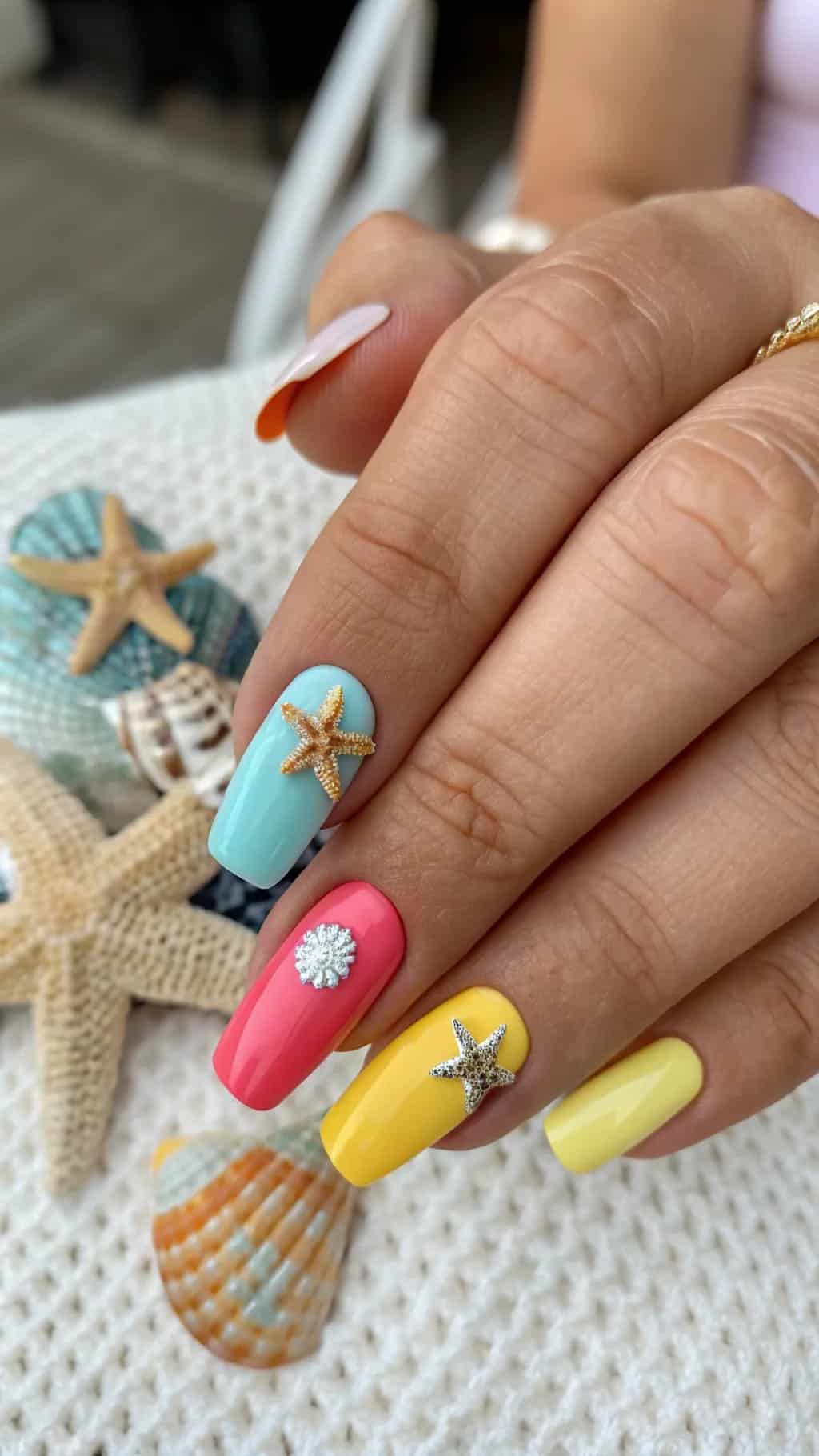 9 Trendy Summer Nail Designs for 2026 10 Close-up of colorful summer nails with starfish embellishments on a light background