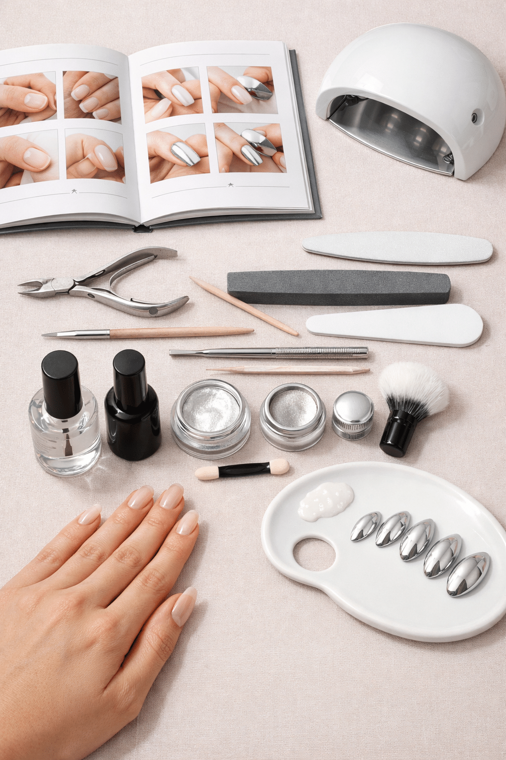 A neatly arranged manicure setup with chrome nail products, tools, and a hand showing a light almond nail.