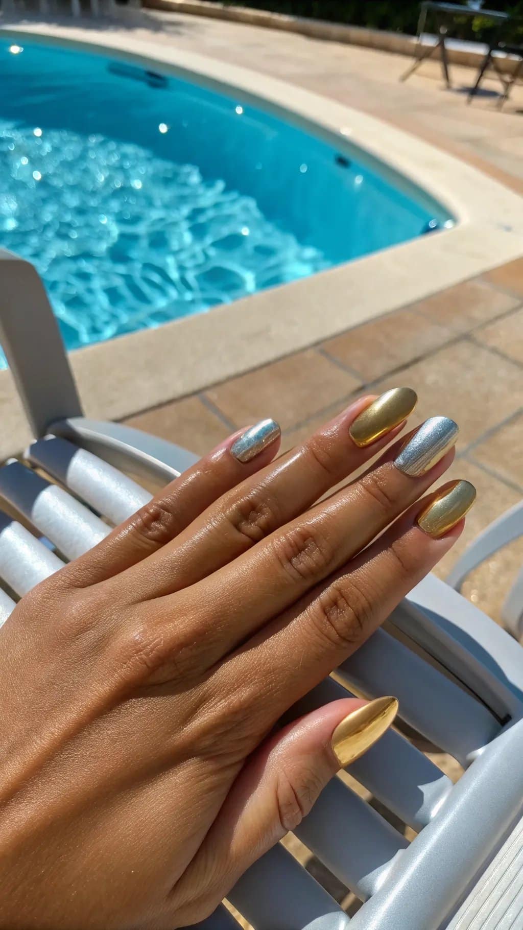 9 Trendy Summer Nail Designs for 2026 7 A hand with metallic gold and silver nails resting on a poolside chair.
