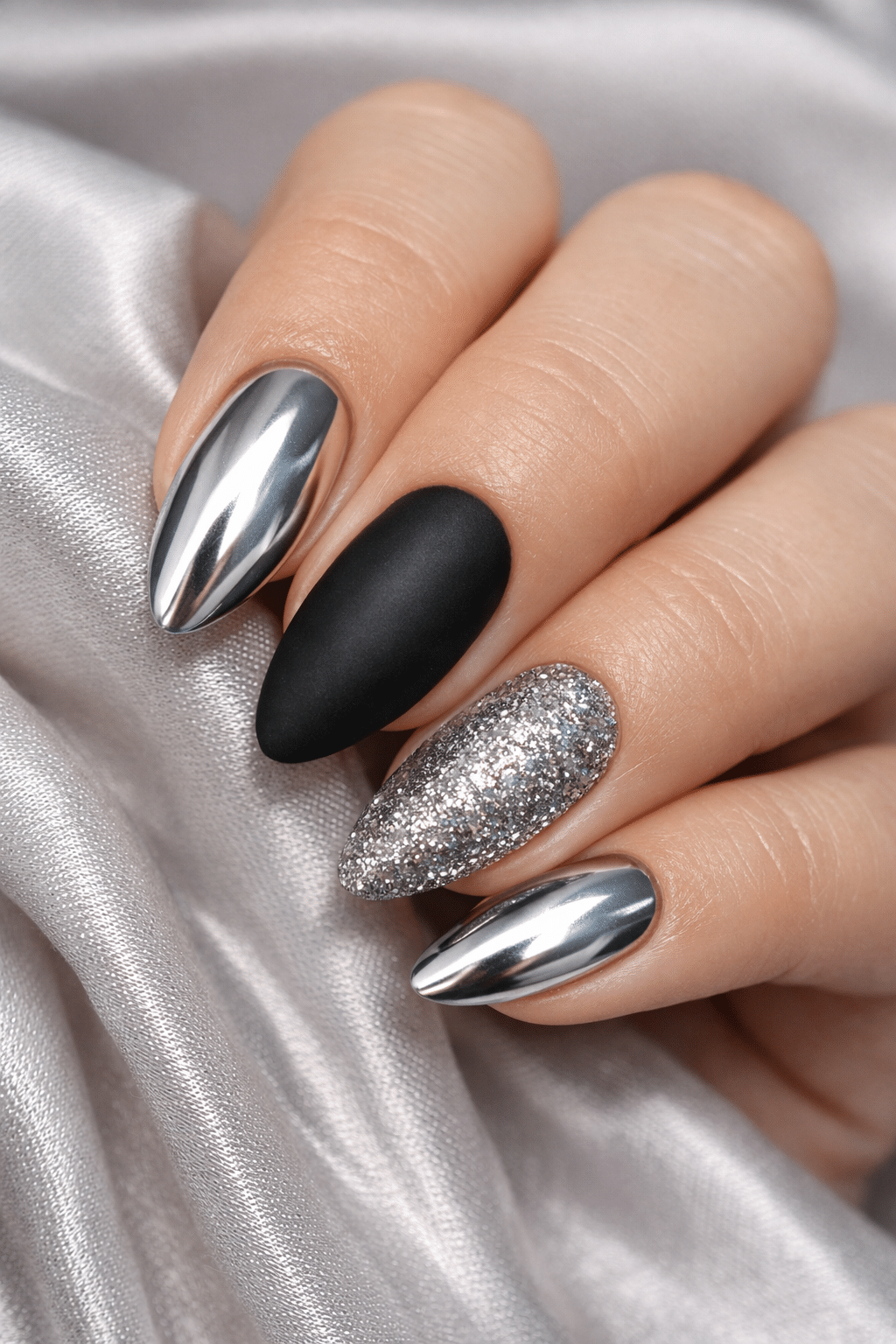 A hand showing various styles of almond chrome nails, including shiny silver, matte black, and glittery accents.
