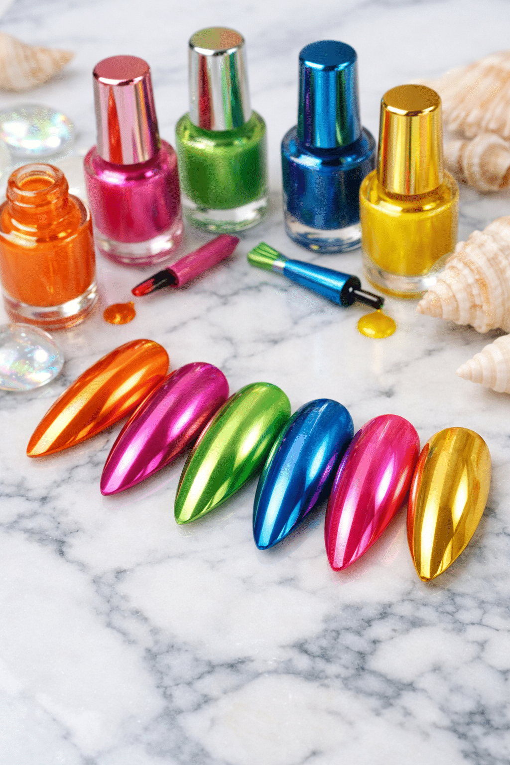 Close-up of colorful almond-shaped chrome nails and nail polish bottles on a marble background