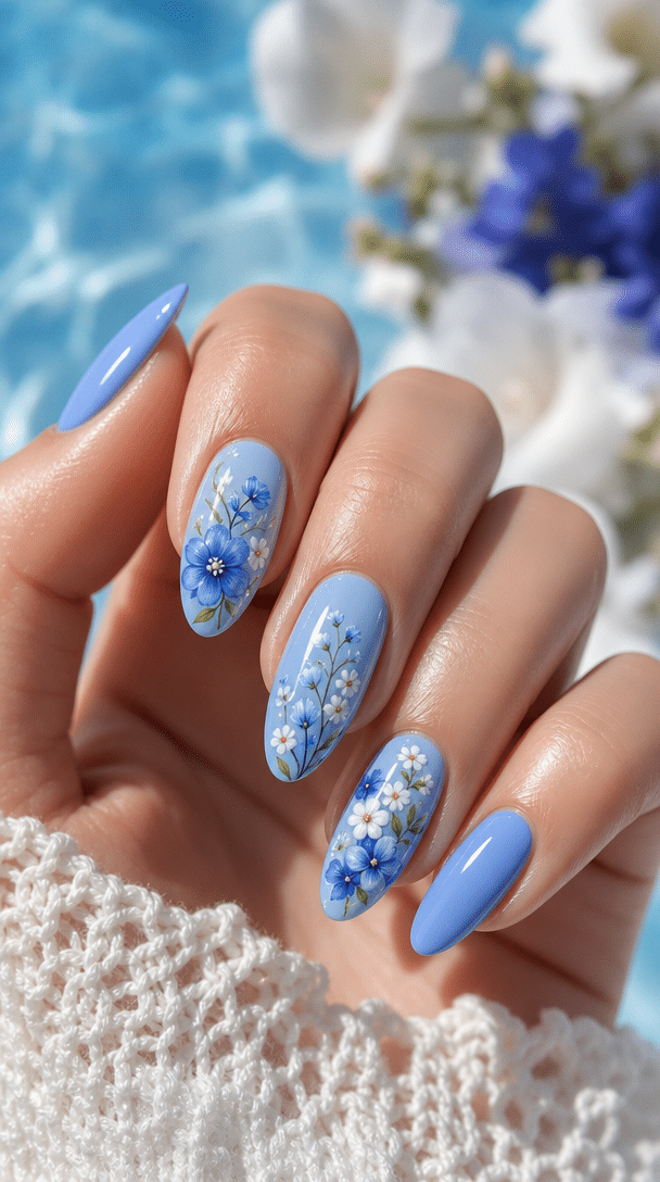 Close-up of blue nails with floral designs, perfect for summer