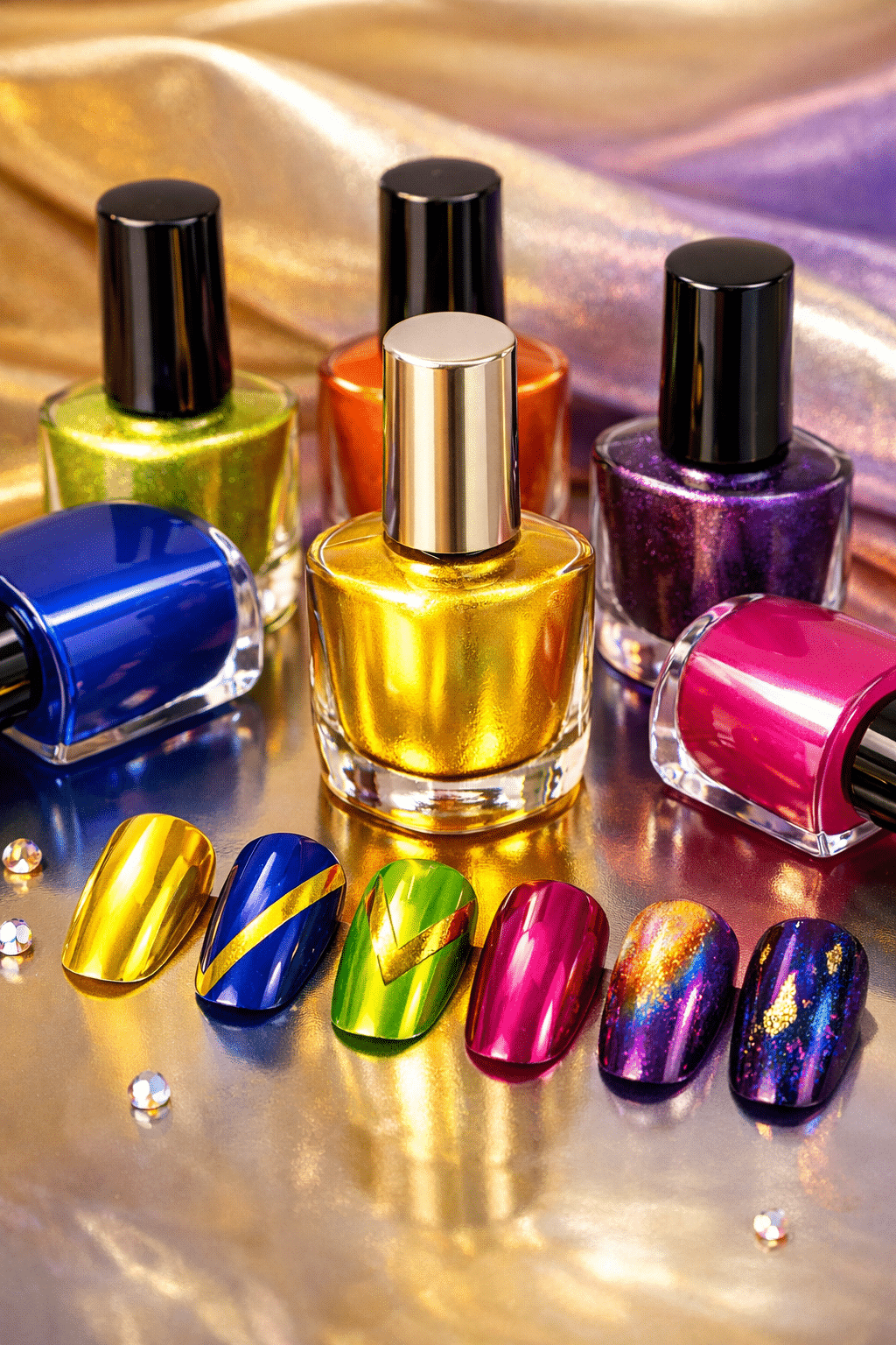 A variety of nail polish colors including yellow chrome, with vibrant color swatches.