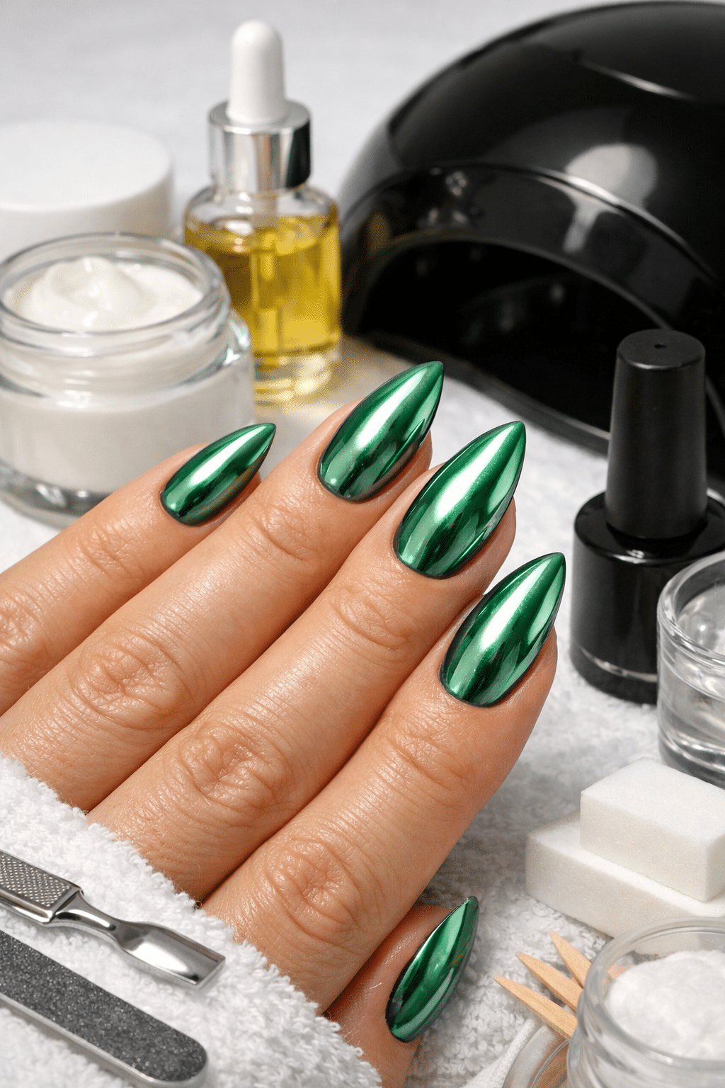 Close-up of green chrome nails in almond shape on a hand surrounded by nail care products.