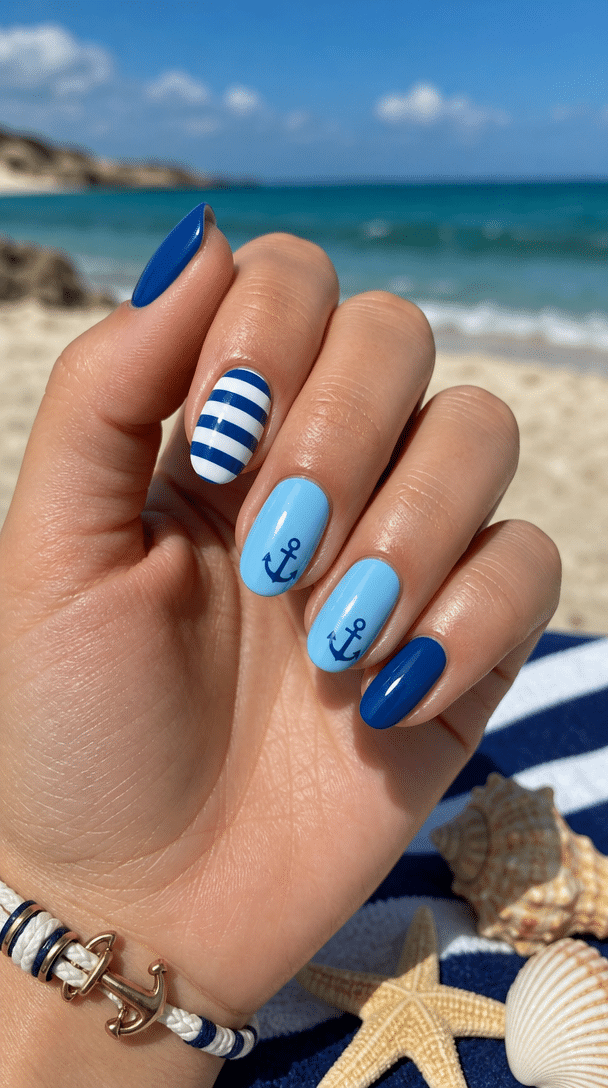 Nail design featuring blue nails with nautical stripes and anchors, set against a beach background.