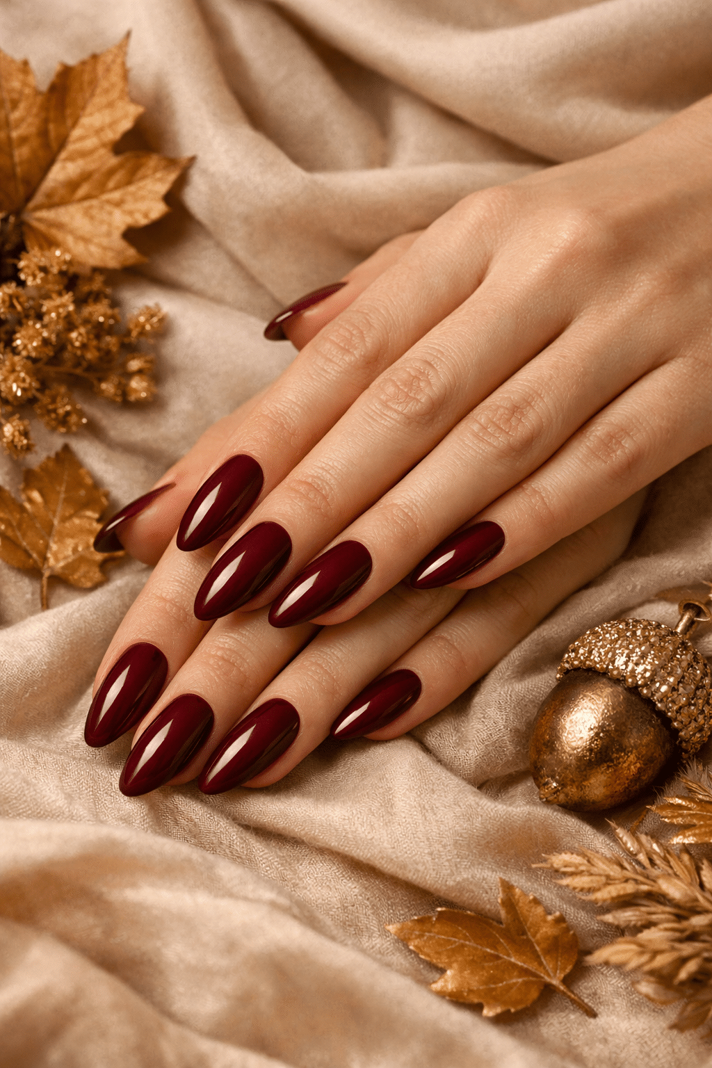 Deep burgundy almond-shaped nails on a soft fabric background with autumn leaves and decorative elements.