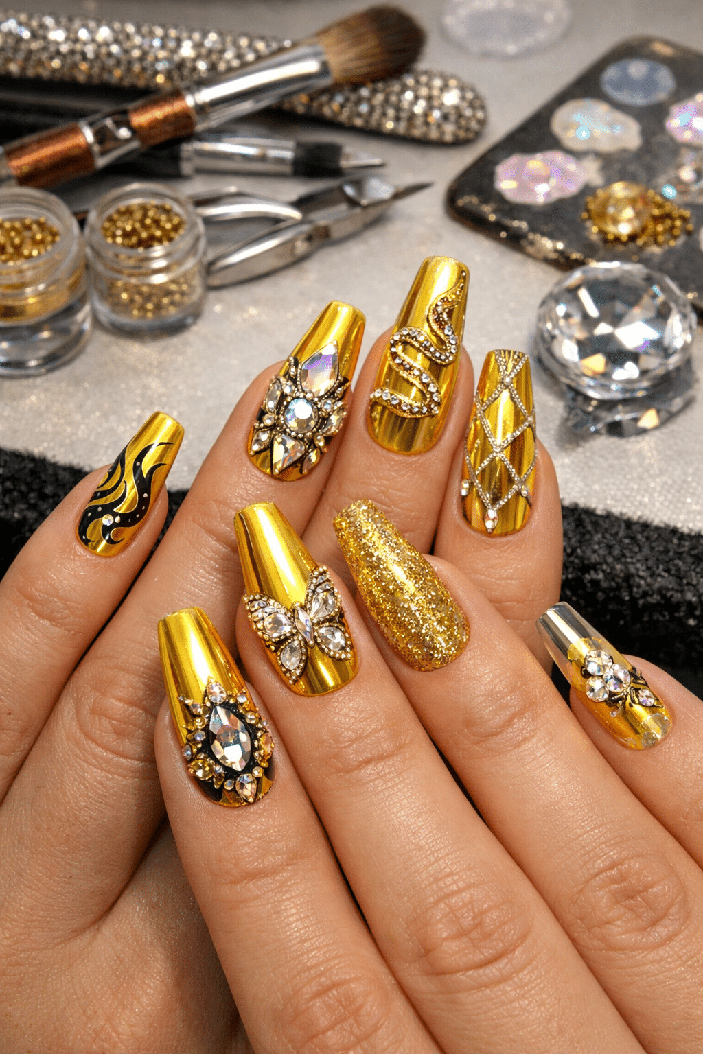 A close-up view of yellow chrome nails in an almond shape, featuring intricate designs and embellishments.