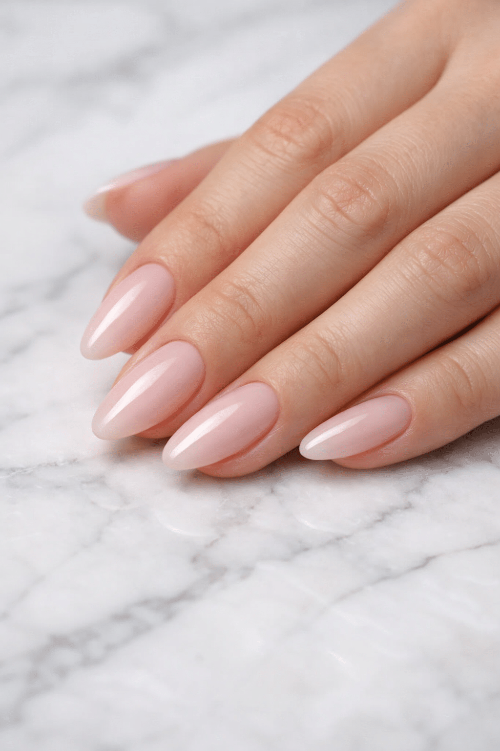 A hand with soft milky pink almond-shaped nails featuring a shiny chrome finish.