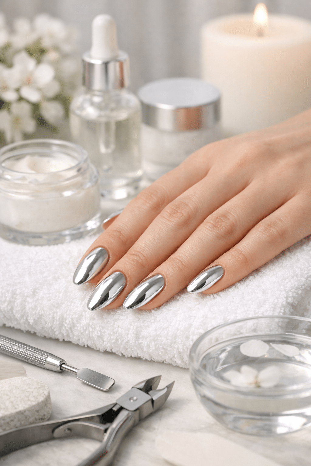 Close up of hands with shiny chrome nails, surrounded by nail care products.