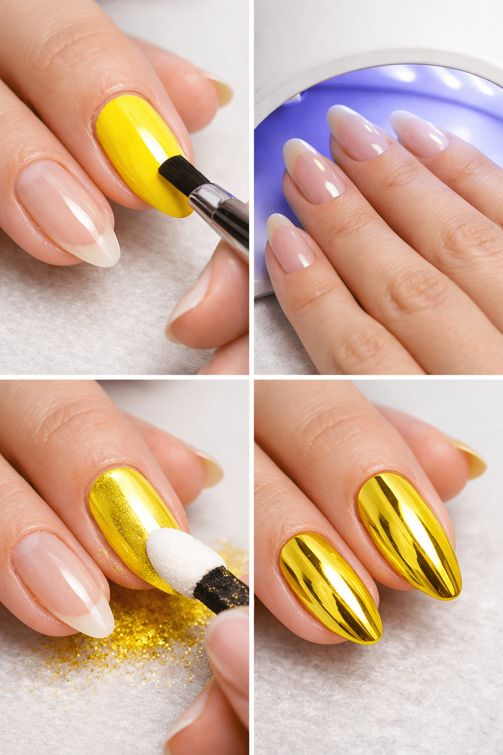A step-by-step process of applying yellow chrome nails on almond-shaped tips.
