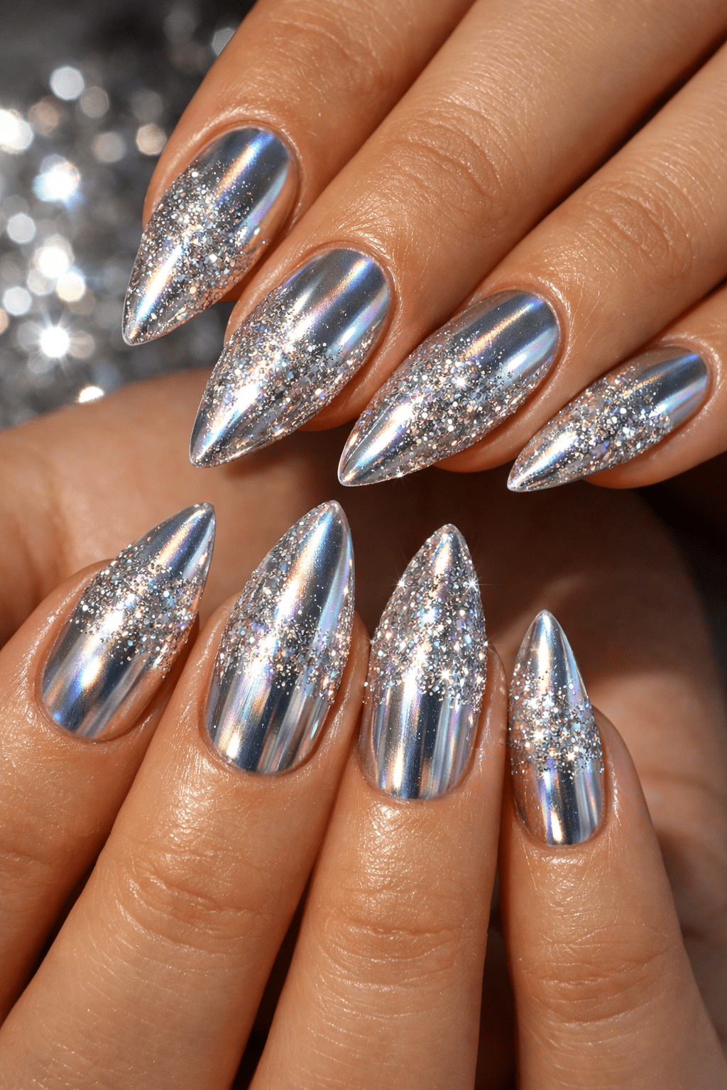 A close-up of almond-shaped nails featuring glittering chrome overlays.
