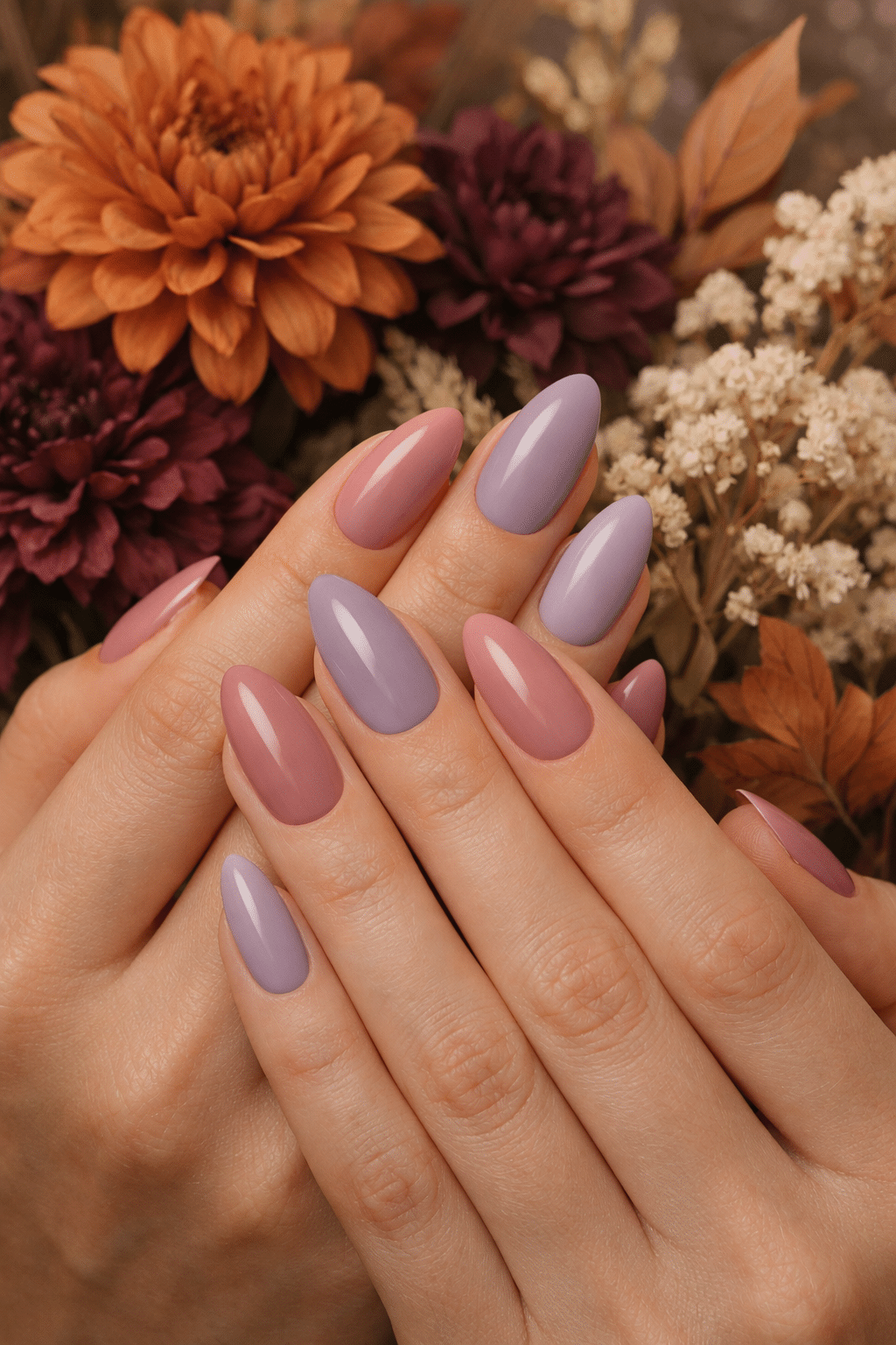 A close-up of hands showing almond-shaped nails painted in muted pastel shades, paired with autumn flowers.