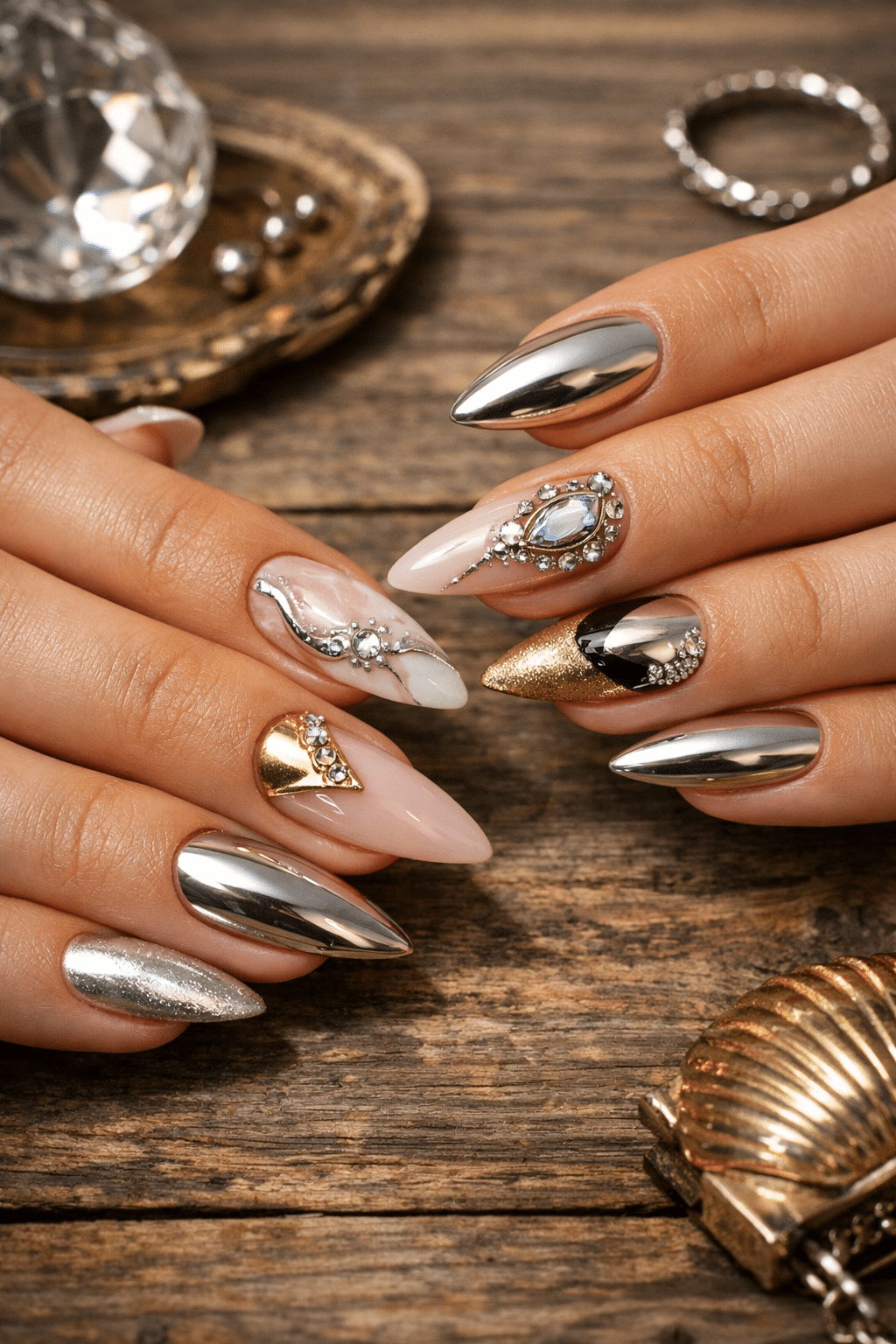 Milky pink almond nails with chrome accents and decorative elements.