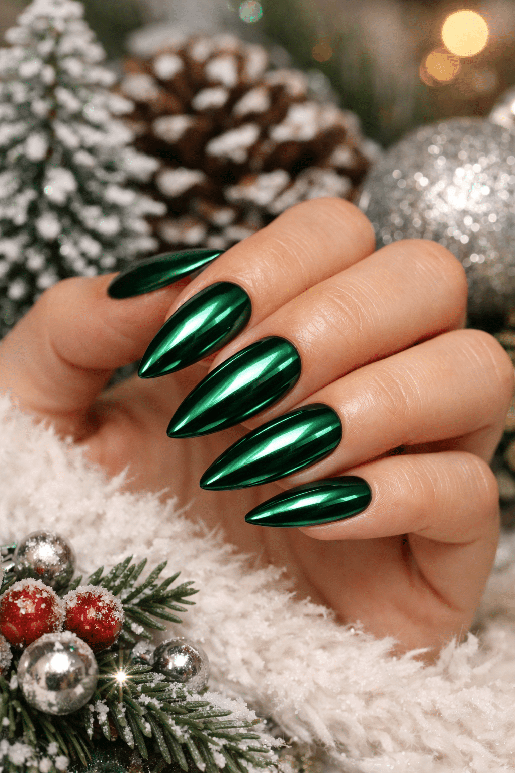 Close-up of green chrome almond nails on a festive background with pinecones and ornaments