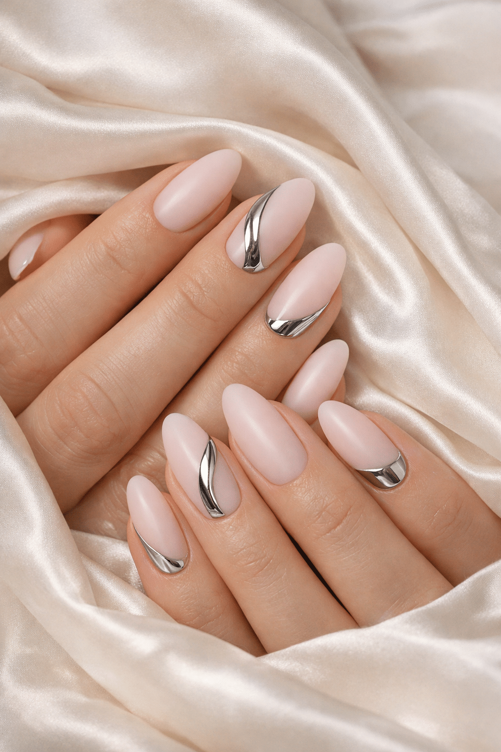 Close-up of milky pink almond nails with chrome details on a satin background.
