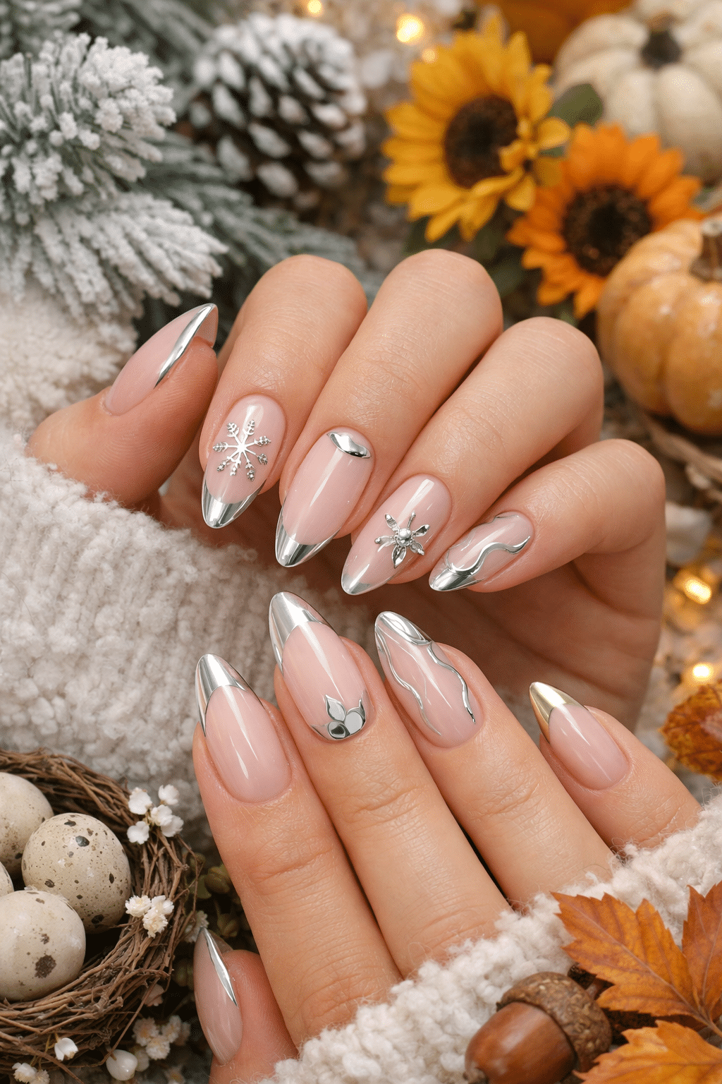 A close-up of almond-shaped nails featuring milky pink polish with chrome tips and decorative nail art.