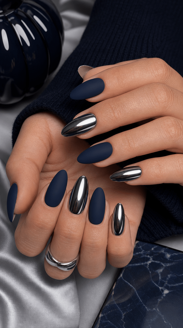 Close-up of hands with navy blue chrome nails featuring a mix of matte and glossy finishes.