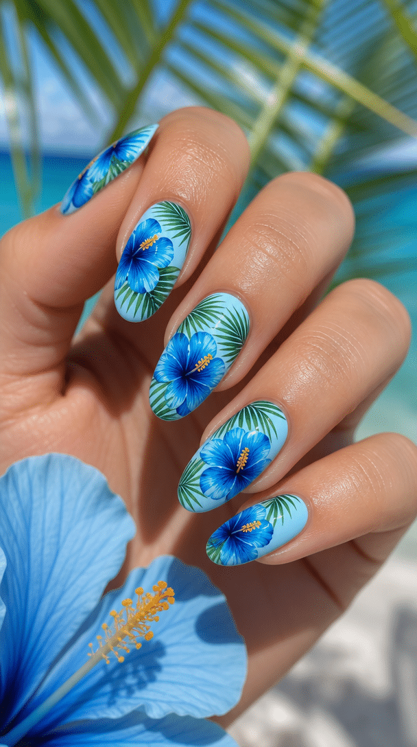 Nail art featuring tropical blue floral designs on a hand with a beach background.