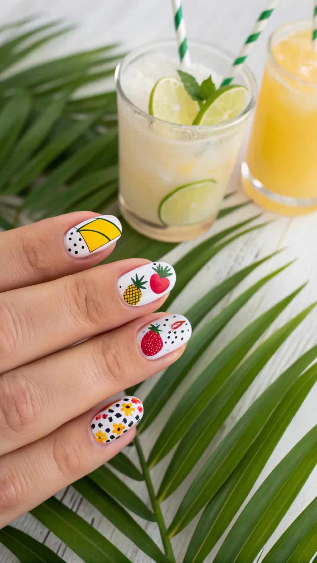 9 Trendy Summer Nail Designs for 2026 4 Nails decorated with tropical fruit designs, featuring pineapples and strawberries, set beside refreshing summer drinks.