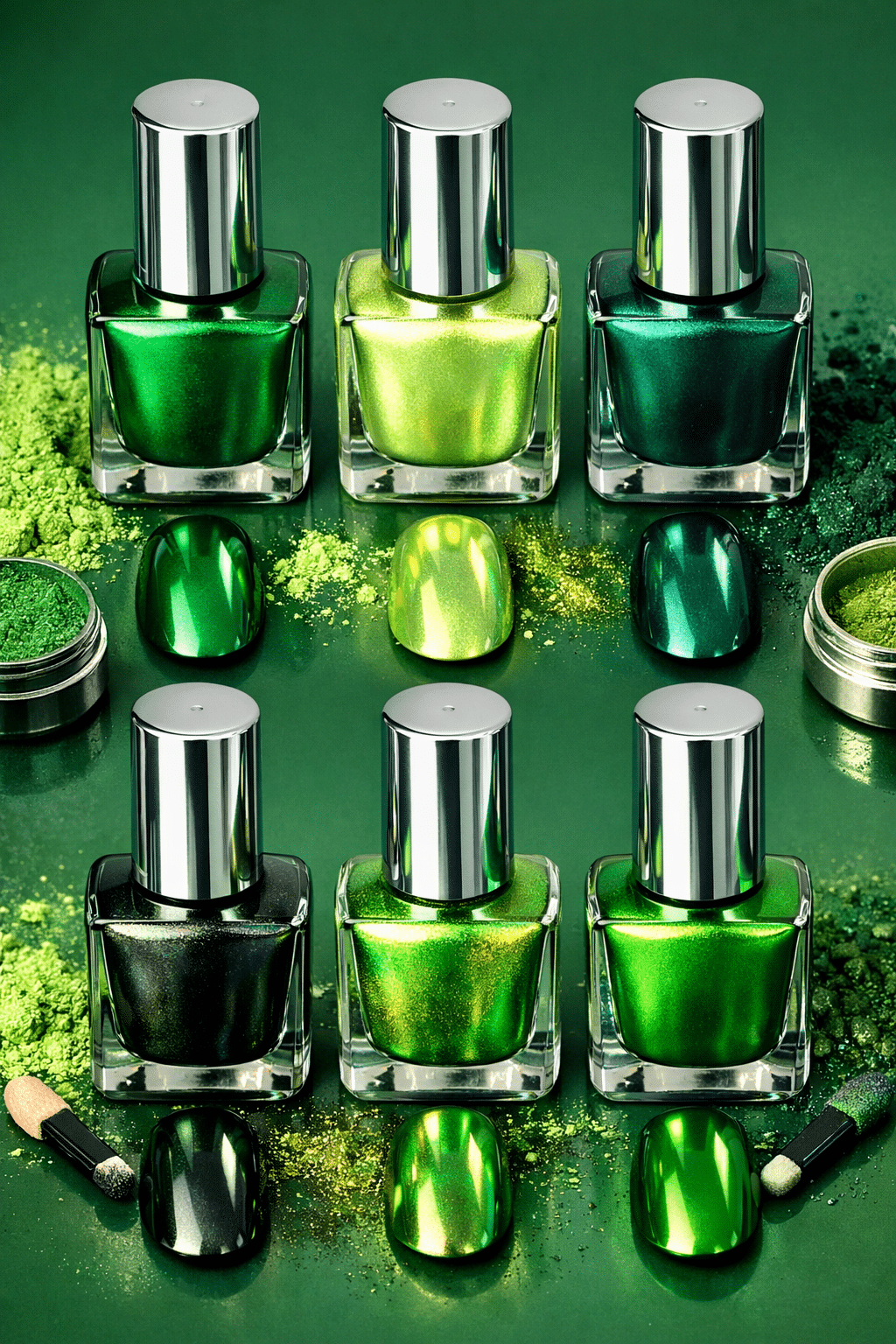 Different shades of green nail polish bottles with swatches on display.