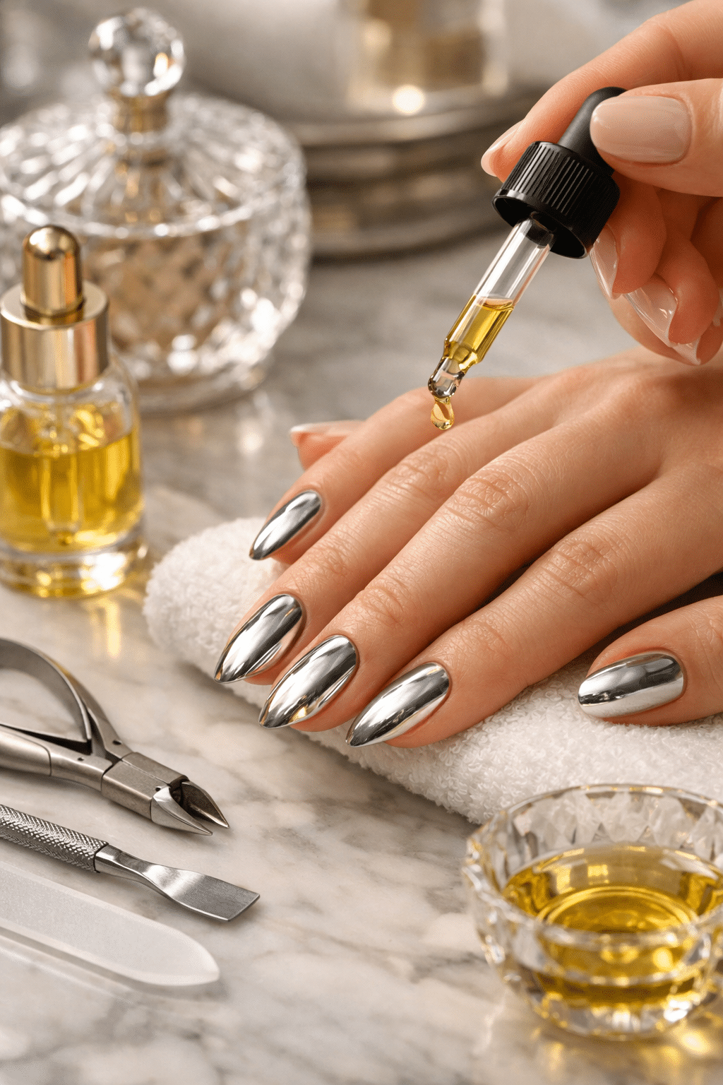 A close-up of manicure tools and a hand with almond chrome nails receiving a drop of oil.