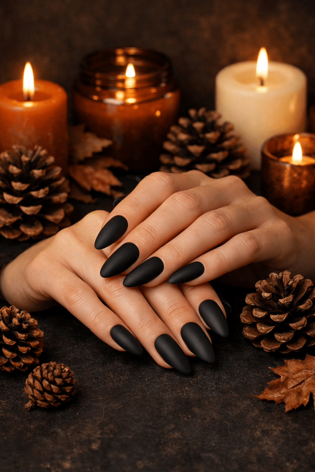Hands with classic black matte almond-shaped nails surrounded by pinecones and candles.