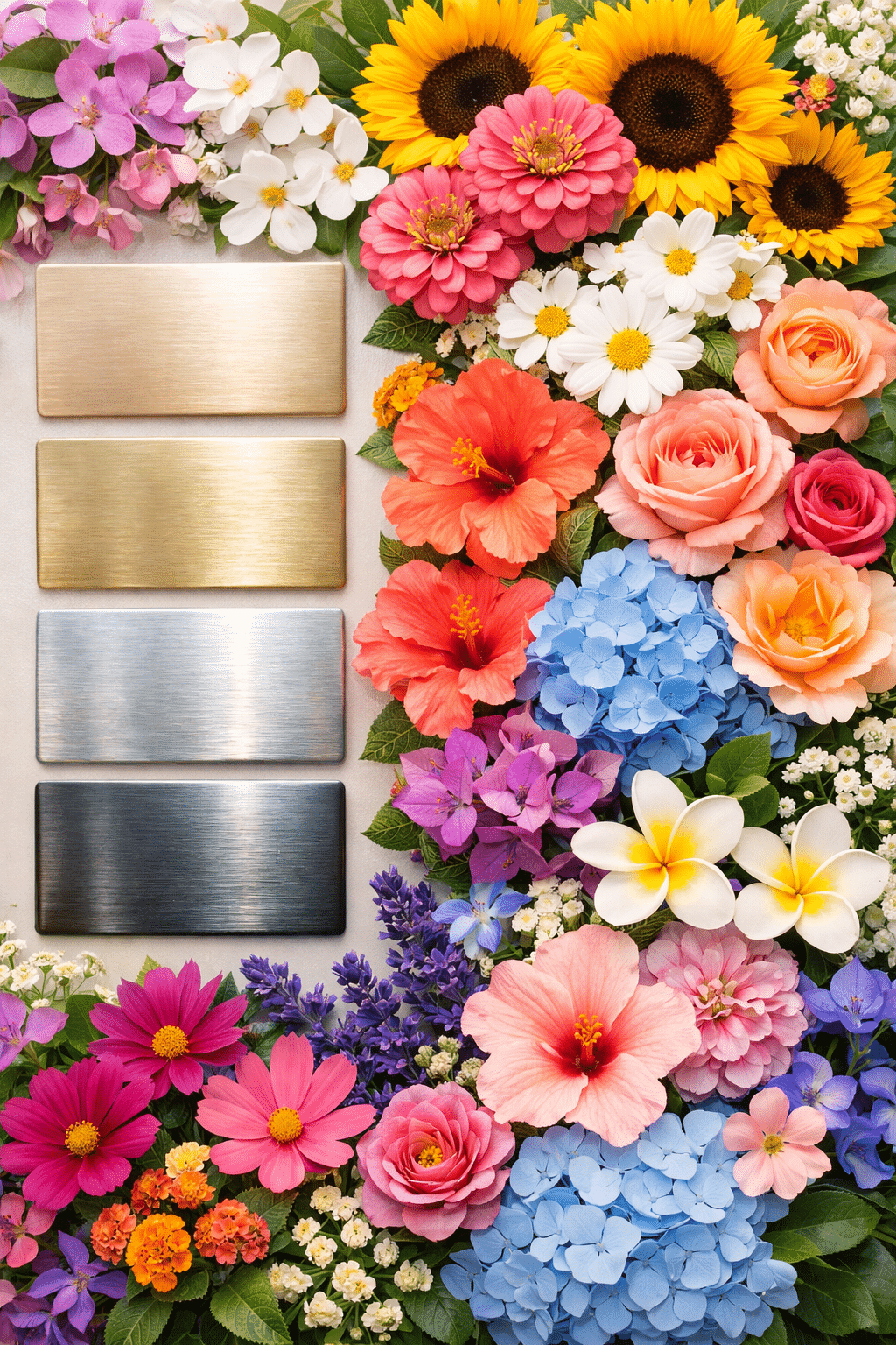 Colorful display of almond chrome nail colors surrounded by vibrant flowers.
