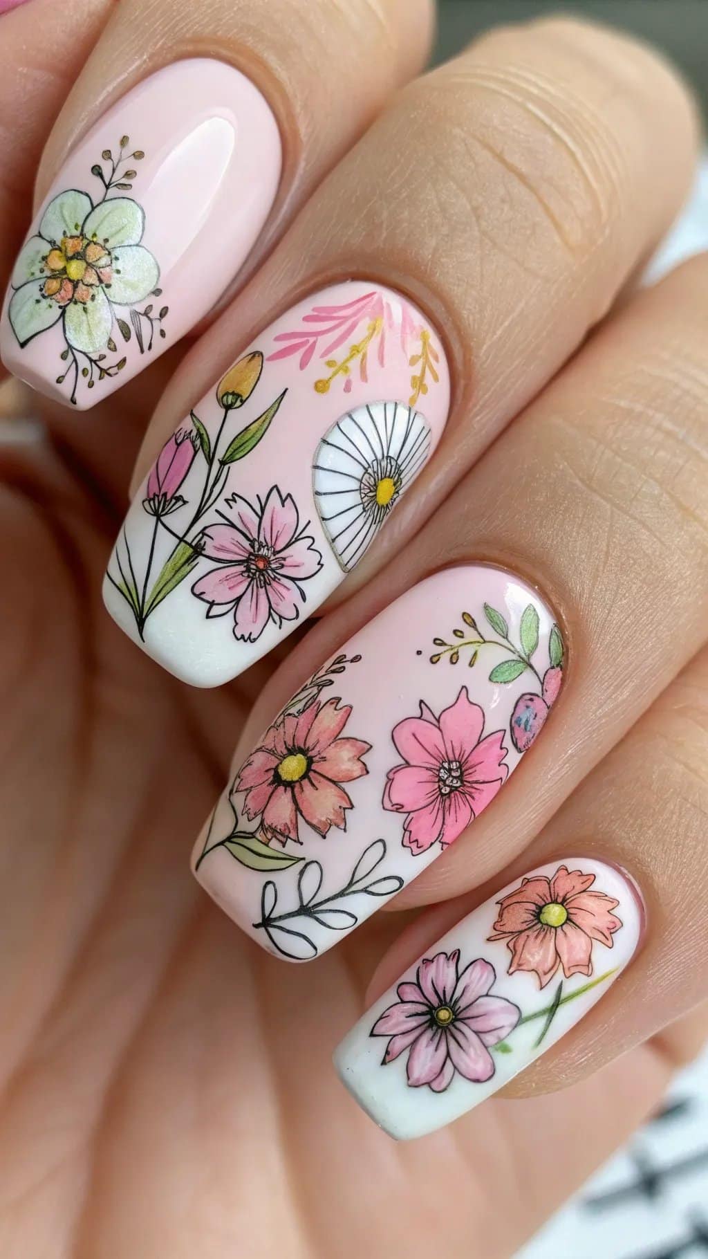 9 Trendy Summer Nail Designs for 2026 6 Nail art design featuring floral patterns on pastel pink and white backgrounds.