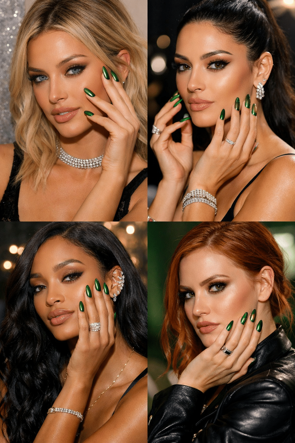 Collage of celebrities showcasing green chrome almond nails.
