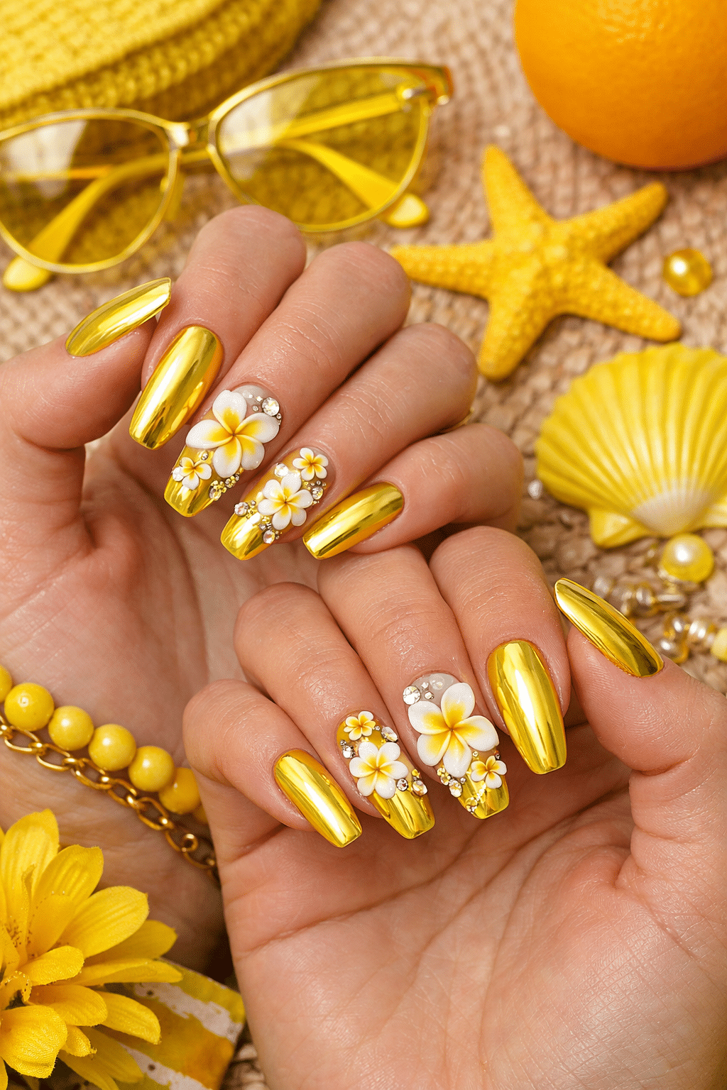 Hands with yellow chrome almond nails decorated with floral designs, surrounded by summer-themed items.