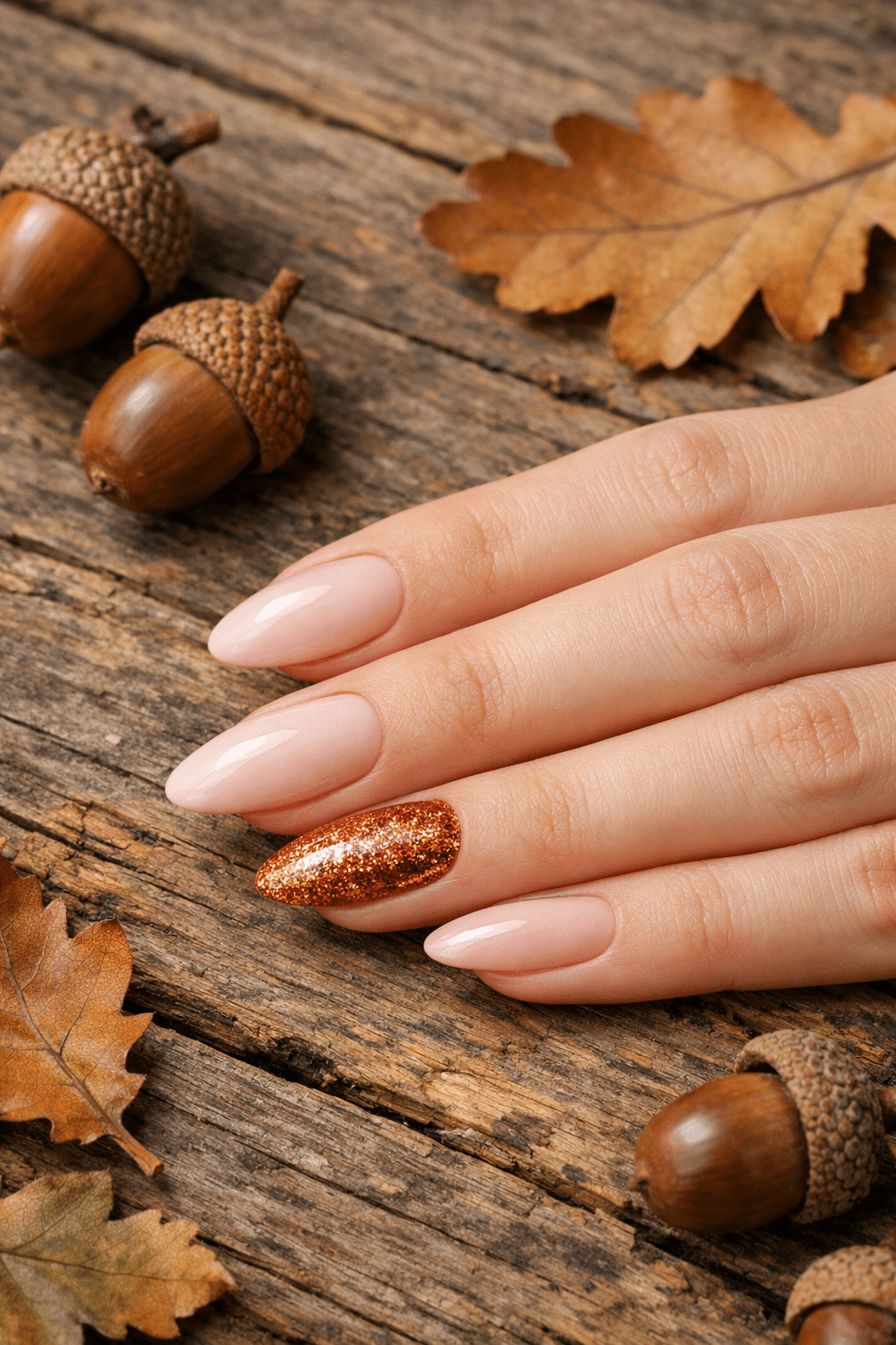 A hand with almond-shaped nails featuring one nail with copper glitter against a wood background with acorns and autumn leaves.