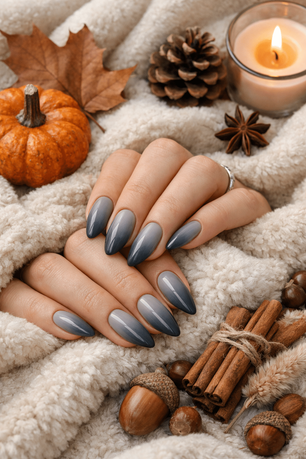 Chic grey ombre nails with a cozy autumn setting.