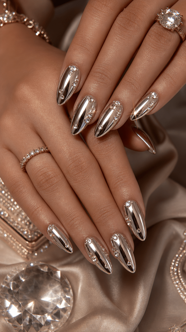 Close-up of beautifully manicured nails with a chrome finish and sparkling accents.