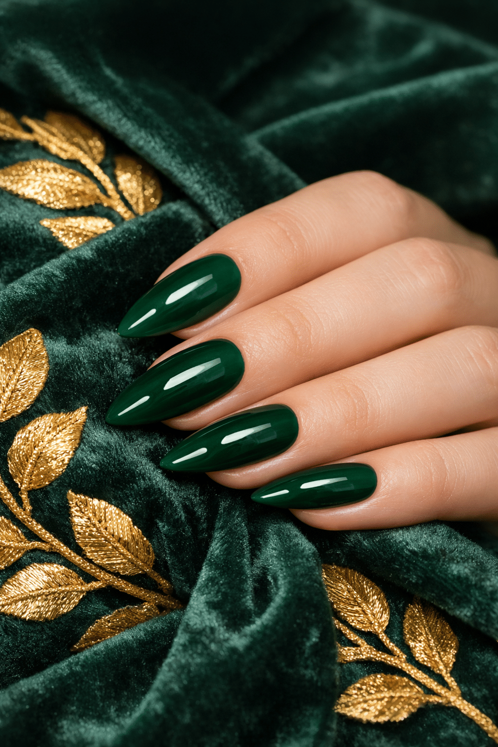 A close-up of hands with emerald green almond-shaped nails resting on a green velvet fabric with golden leaf embroidery.