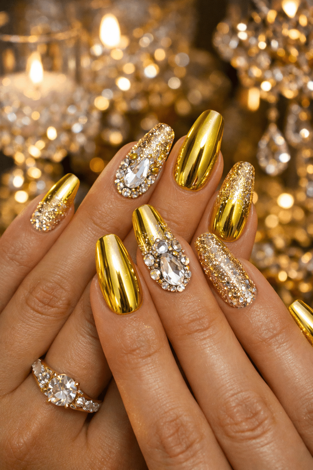 Beautiful yellow chrome nails with sparkly accents.