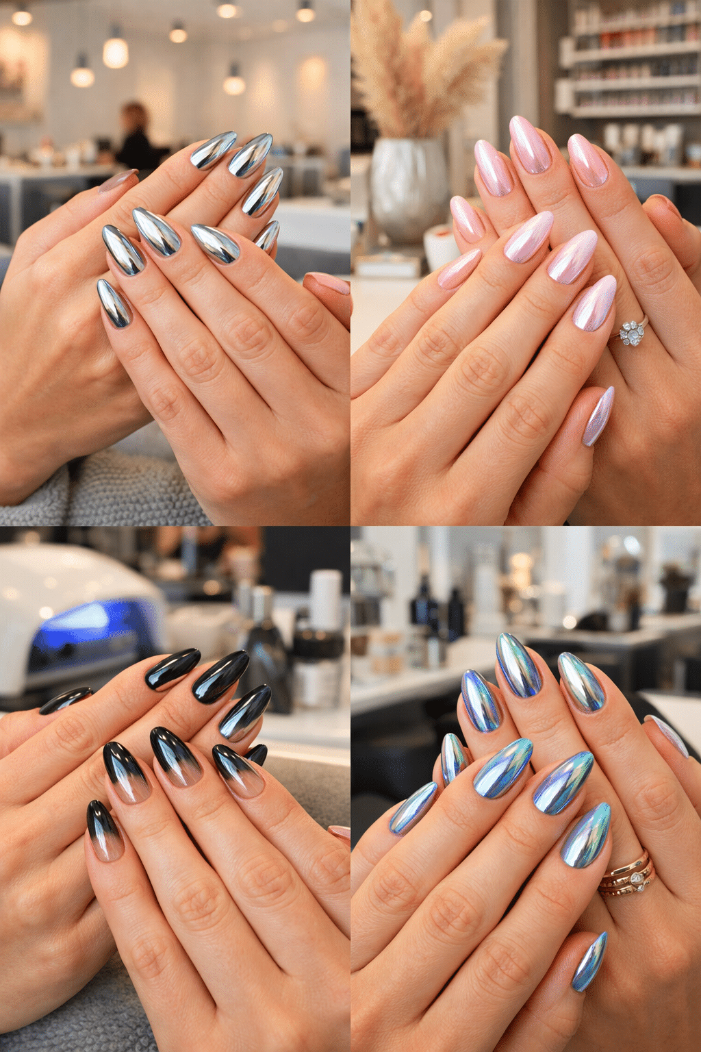Collage of almond-shaped chrome nails in various colors and styles.