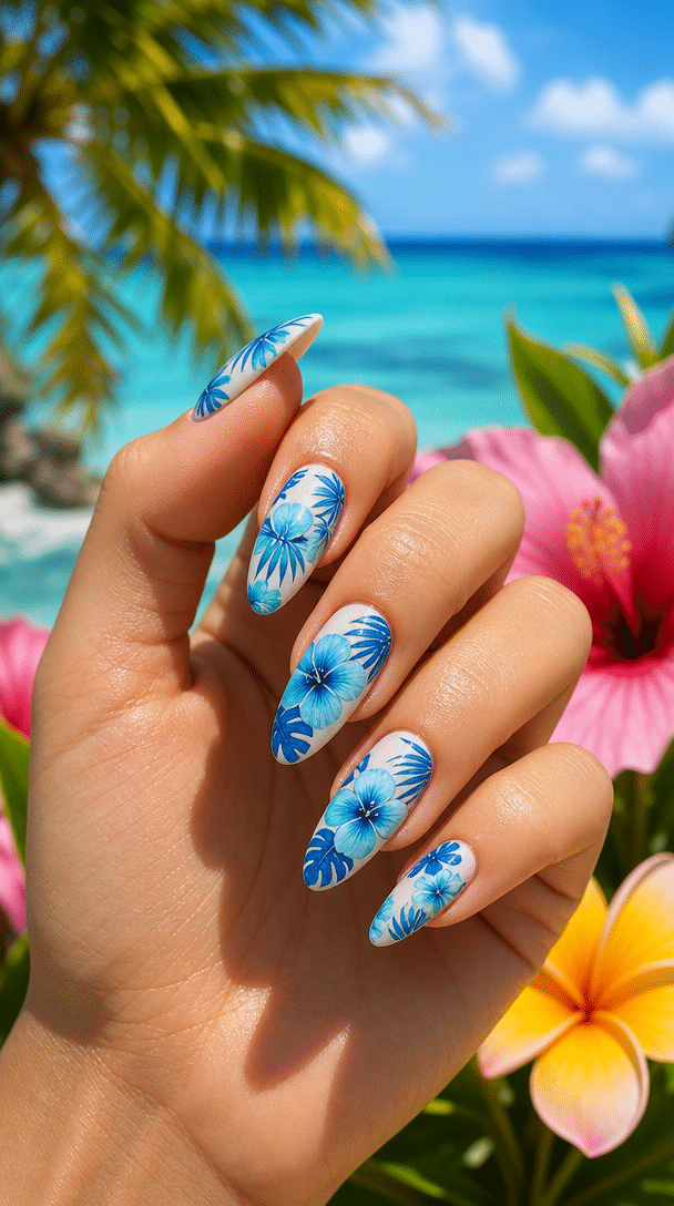 A hand with bright blue floral nail art, set against a tropical background with palm trees and ocean.