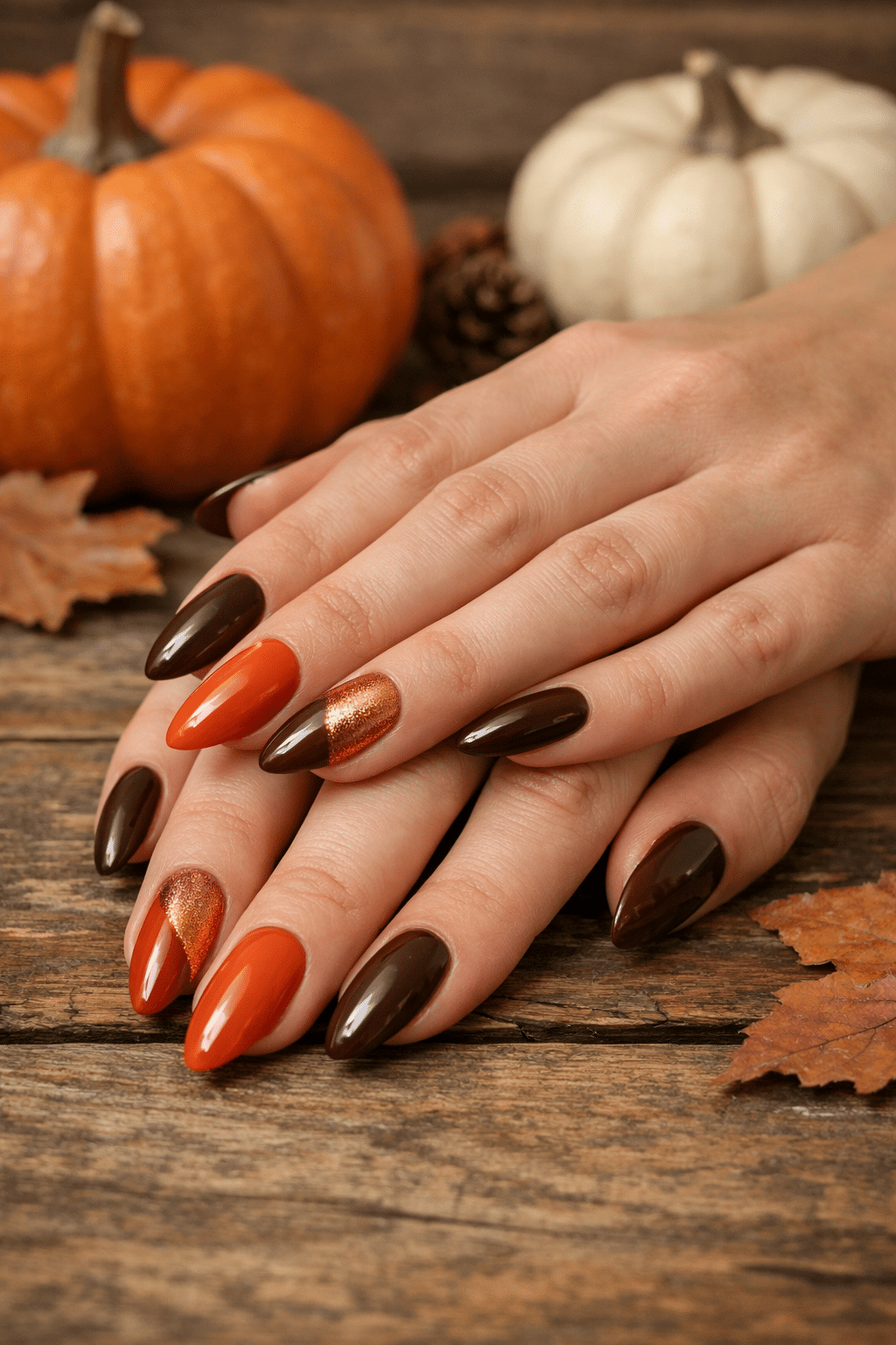 Close-up of almond-shaped nails featuring orange, brown, and glittery accents.