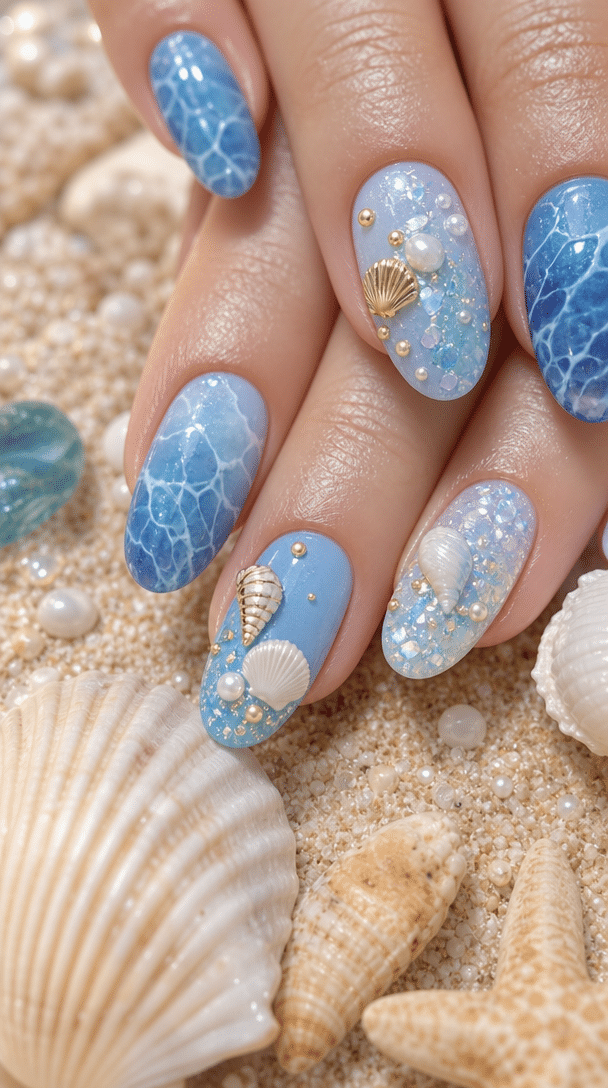 Close-up of ocean-inspired blue nails decorated with shells and sparkles on a sandy background.